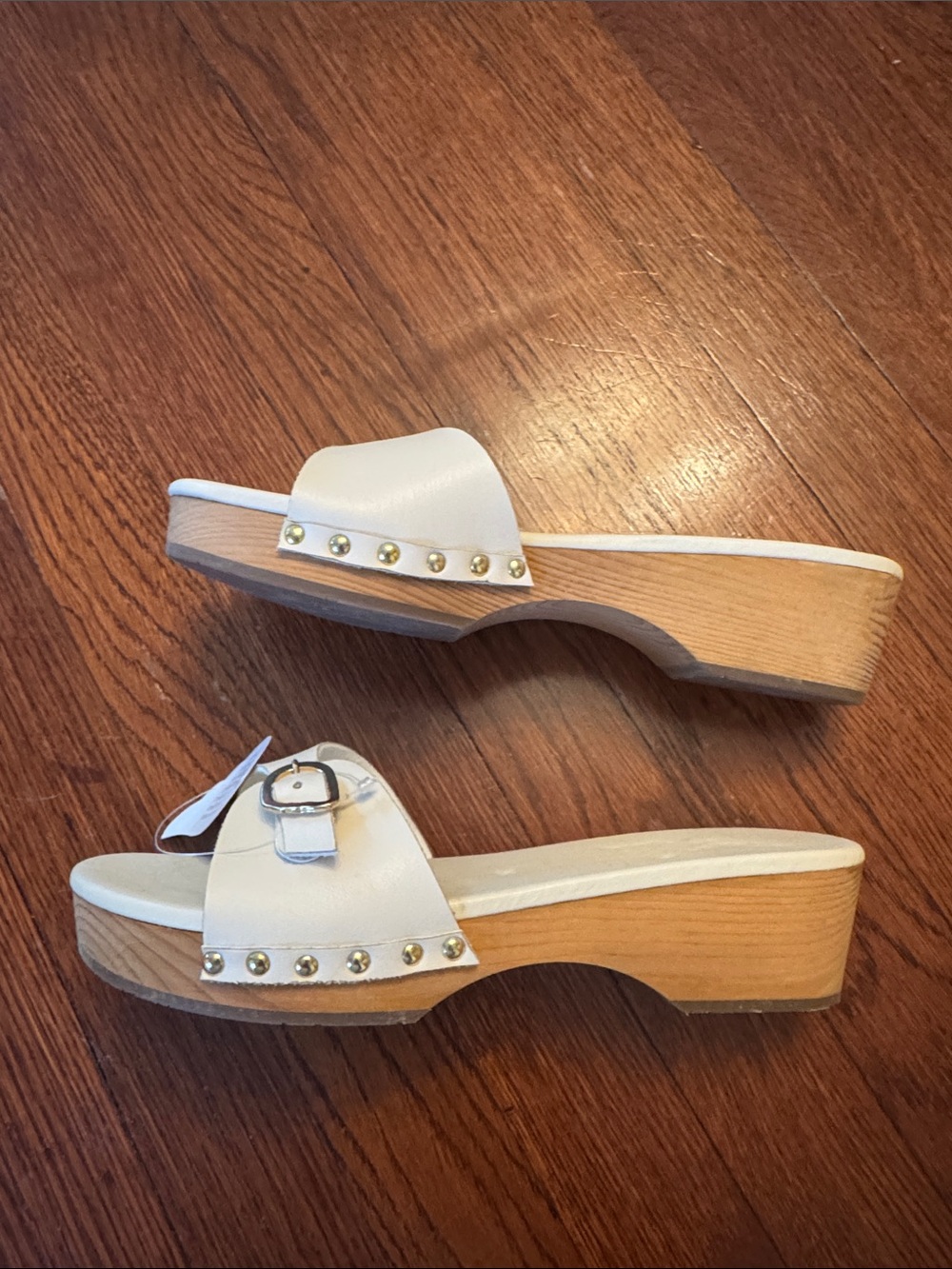 Ancient Greek Sandals White Leather Slide Sandals with Gold Buckles - Picture 2 of 3